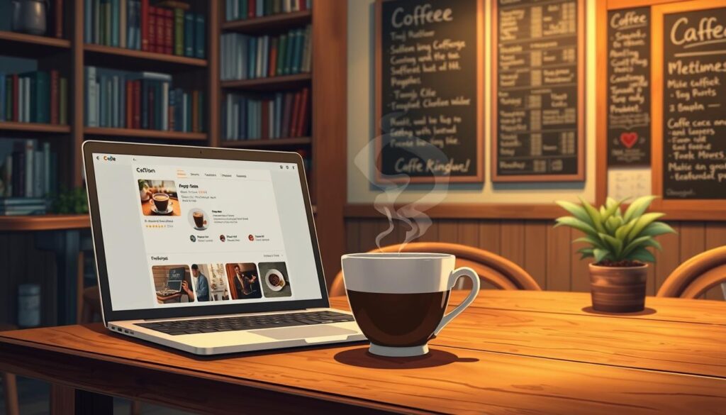 A cozy cafe setting with a wooden table, a laptop, and a freshly brewed cup of coffee. The laptop screen displays a detailed review of the coffee, with product images, ratings, and tasting notes. Soft, warm lighting illuminates the scene, creating a welcoming and inviting atmosphere. The coffee cup takes center stage, its steam rising gently, hinting at the rich aroma and flavor. In the background, a bookshelf filled with coffee-related literature and a wall-mounted chalkboard menu add to the cafe ambiance. The overall composition conveys a sense of thoughtful, informed, and authentic coffee exploration. A cozy cafe setting with a wooden table, a laptop, and a freshly brewed cup of coffee. The laptop screen displays a detailed review of the coffee, with product images, ratings, and tasting notes. Soft, warm lighting illuminates the scene, creating a welcoming and inviting atmosphere. The coffee cup takes center stage, its steam rising gently, hinting at the rich aroma and flavor. In the background, a bookshelf filled with coffee-related literature and a wall-mounted chalkboard menu add to the cafe ambiance. The overall composition conveys a sense of thoughtful, informed, and authentic coffee exploration.