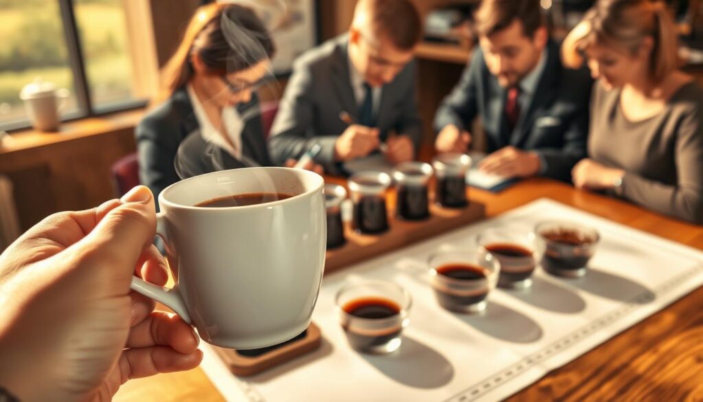 A well-lit, high-resolution photograph of a coffee tasting session. In the foreground, a hand holds a white ceramic cup filled with freshly brewed coffee, steam rising from the surface. The middle ground features several small glass bowls containing different coffee samples, each with a unique aroma and color. In the background, a wooden table with a white tablecloth, surrounded by professional coffee tasters examining the samples intently, taking notes. Warm, soft lighting illuminates the scene, creating a serene, focused atmosphere. The overall composition emphasizes the careful, meticulous process of coffee quality assessment. A well-lit, high-resolution photograph of a coffee tasting session. In the foreground, a hand holds a white ceramic cup filled with freshly brewed coffee, steam rising from the surface. The middle ground features several small glass bowls containing different coffee samples, each with a unique aroma and color. In the background, a wooden table with a white tablecloth, surrounded by professional coffee tasters examining the samples intently, taking notes. Warm, soft lighting illuminates the scene, creating a serene, focused atmosphere. The overall composition emphasizes the careful, meticulous process of coffee quality assessment.